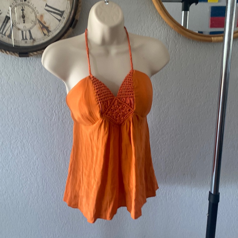 Arden B Orange Halter Top with beautiful hand stitch detail on the bodice.